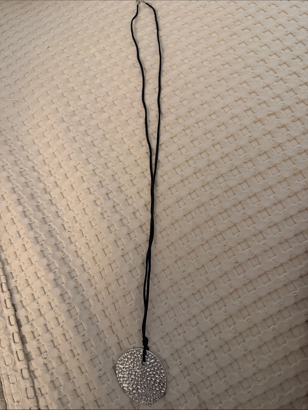 Silver Textured Disc Pendant Necklace on Black Cord